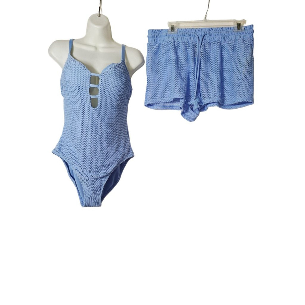 Catalina Blue Crochet One Piece Swimsuit with Shorts L 12-14 beach vacation - Picture 1 of 6